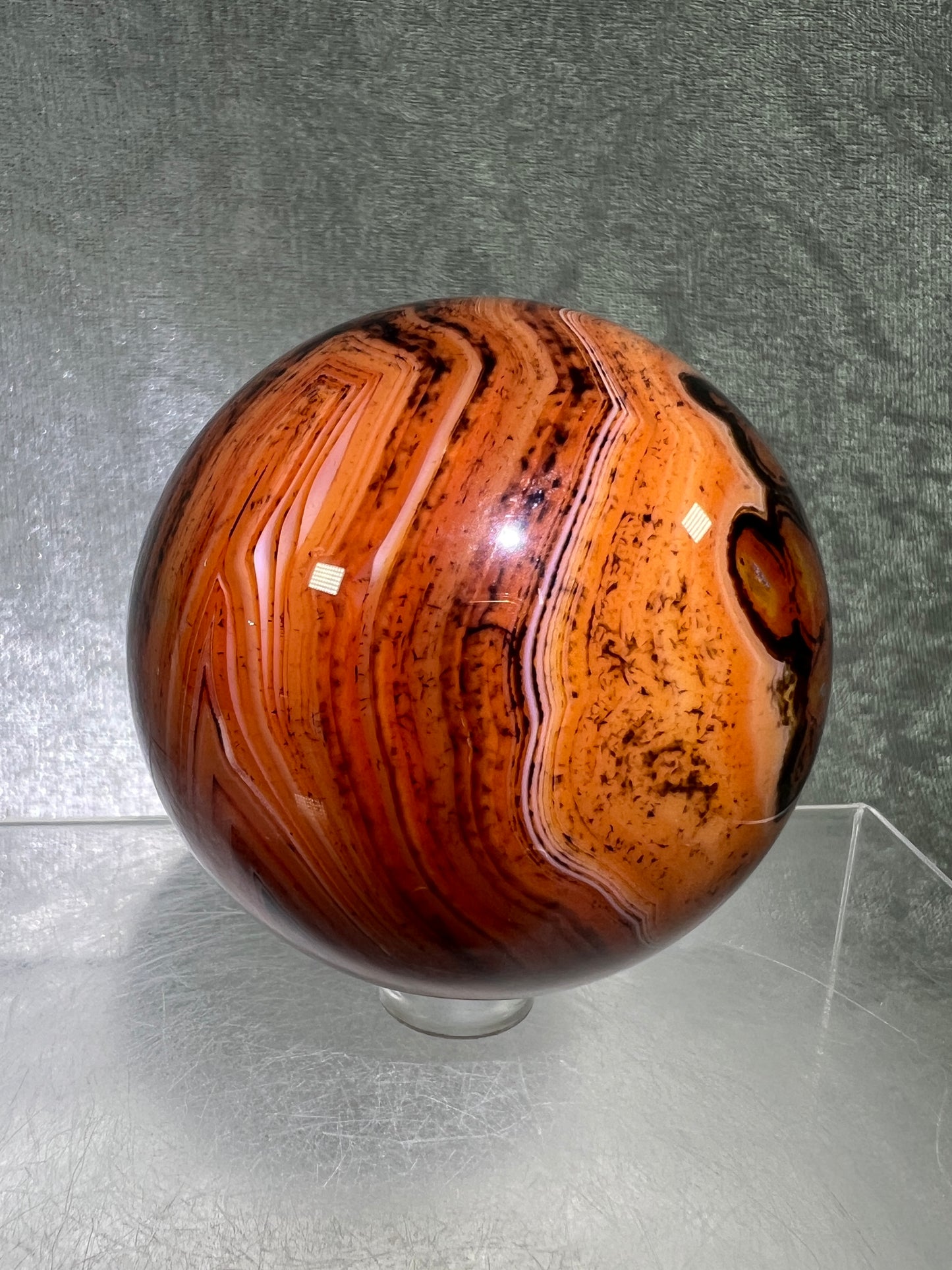 Silk Agate Sphere. 64mm. Amazing Banded Agate From Madagascar. Gorgeous Colors And Patterns On This Display Sphere.