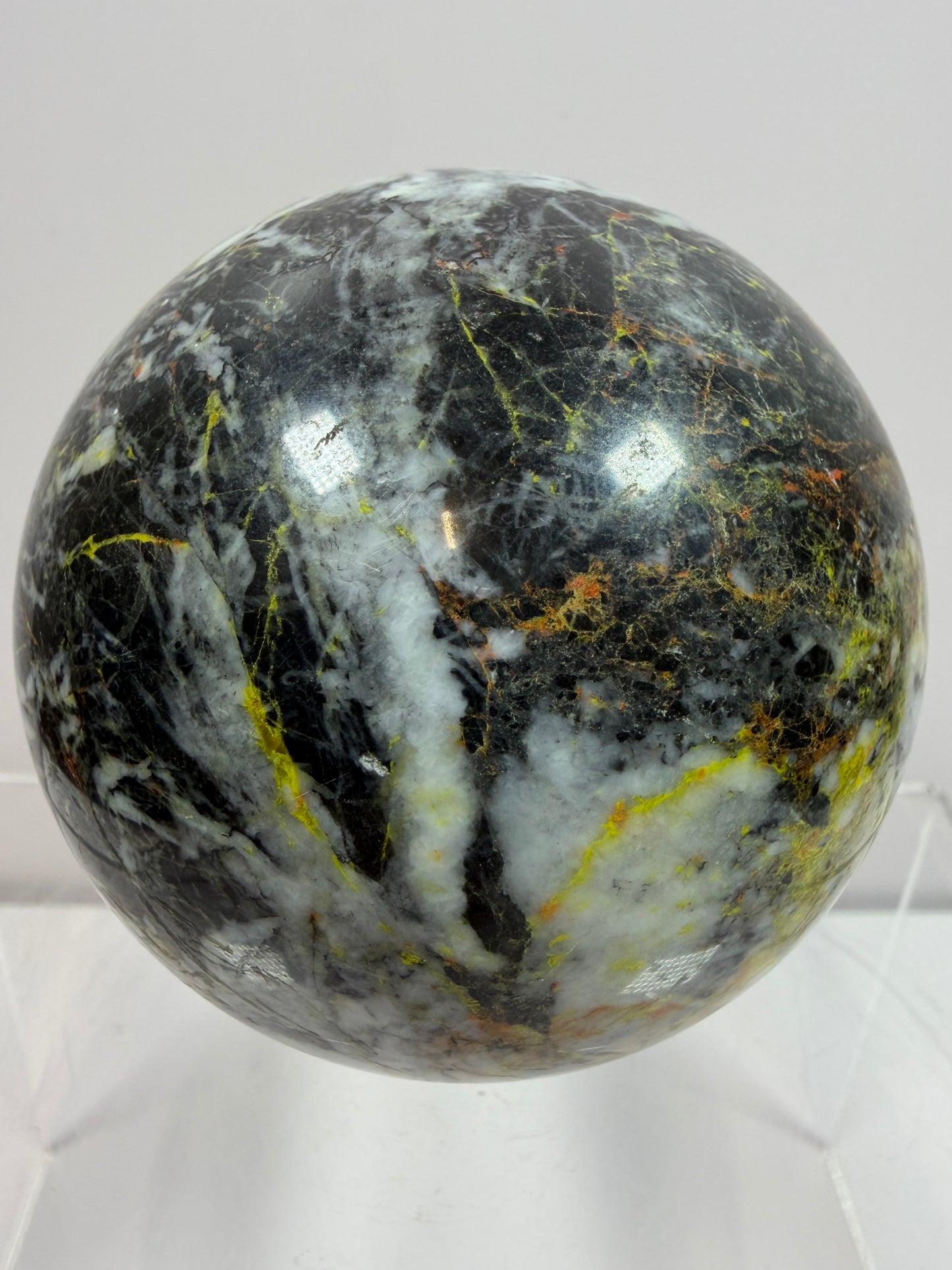 Realgar Crystal Sphere. 67mm. Rare Polished Display Sphere. Stunning Colors And Patterns