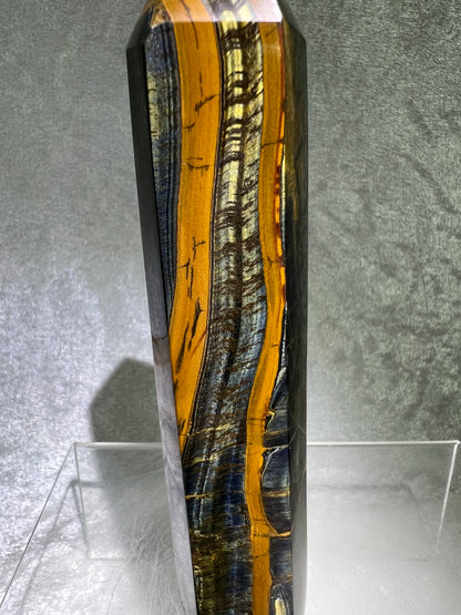 Blue Tigers Eye Tower. 5.85 Inches. Amazing Large Hawks Eye Crystal. Gorgeous Display Tower