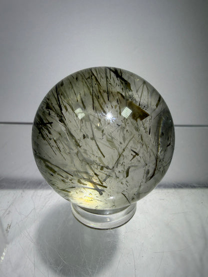Green Tourmaline Quartz Sphere. Incredible Green Rutile Sphere. Tourmalinated Quartz Display Crystal