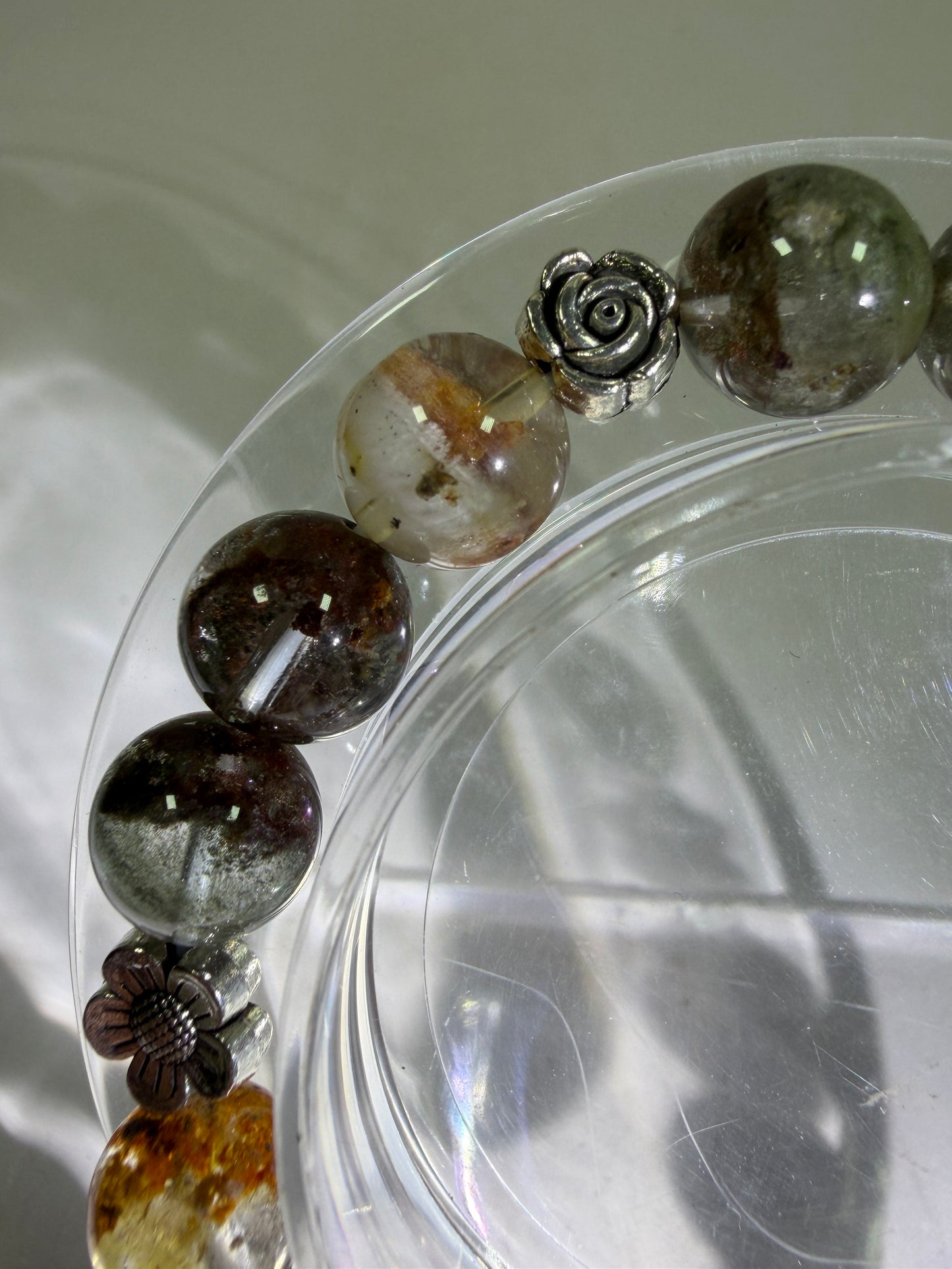 Garden Quartz Crystal Bead Bracelet. Incredible Lodolite Bracelet. 9.5mm. Amazing Flower Spacers.