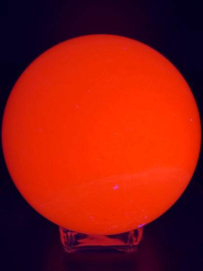 Mangano Calcite Sphere. 70mm. Very Intense Orange UV Reaction. Large High Quality Display Crystal.