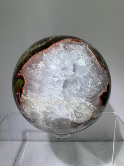 Money Agate Crystal Sphere. 72mm. Very Rare Shades Of Green. Stunning Indonesian Bloodstone. Amazing Colors And Patterns