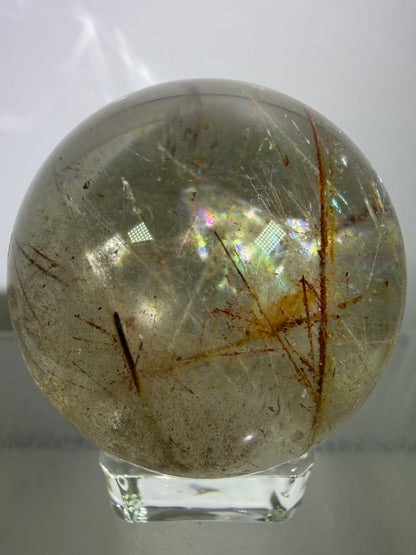 Rutile And Tourmaline Quartz Sphere. 43mm. Incredible Rainbows, With Phantoms And Spots Of Lodolite. Very Rare Display Sphere