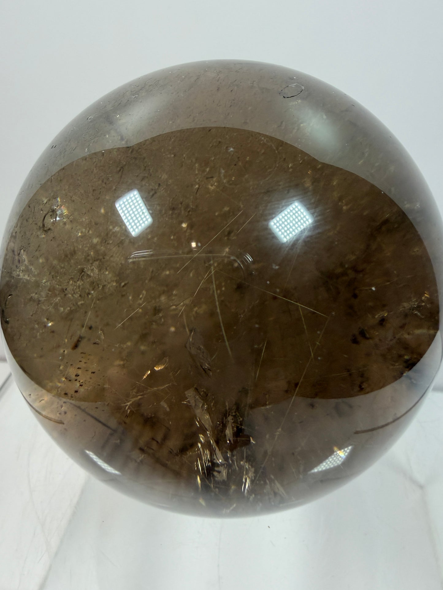 Rutile Quartz Sphere. 70mm. Large Smoky Quartz With Rare Golden Rutile Inclusions. Nice Quality Display