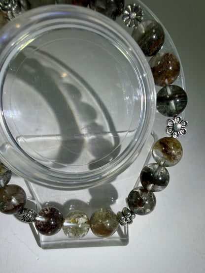 Garden Quartz Crystal Bead Bracelet. Incredible Lodolite Bracelet. 9.5mm. Amazing Flower Spacers.