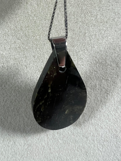 Epidote Teardrop Pendant. High Quality Gorgeous Epidote With Internal Fire From Peru. Amazing Yellow Flash. Includes S925 Silver Necklace.