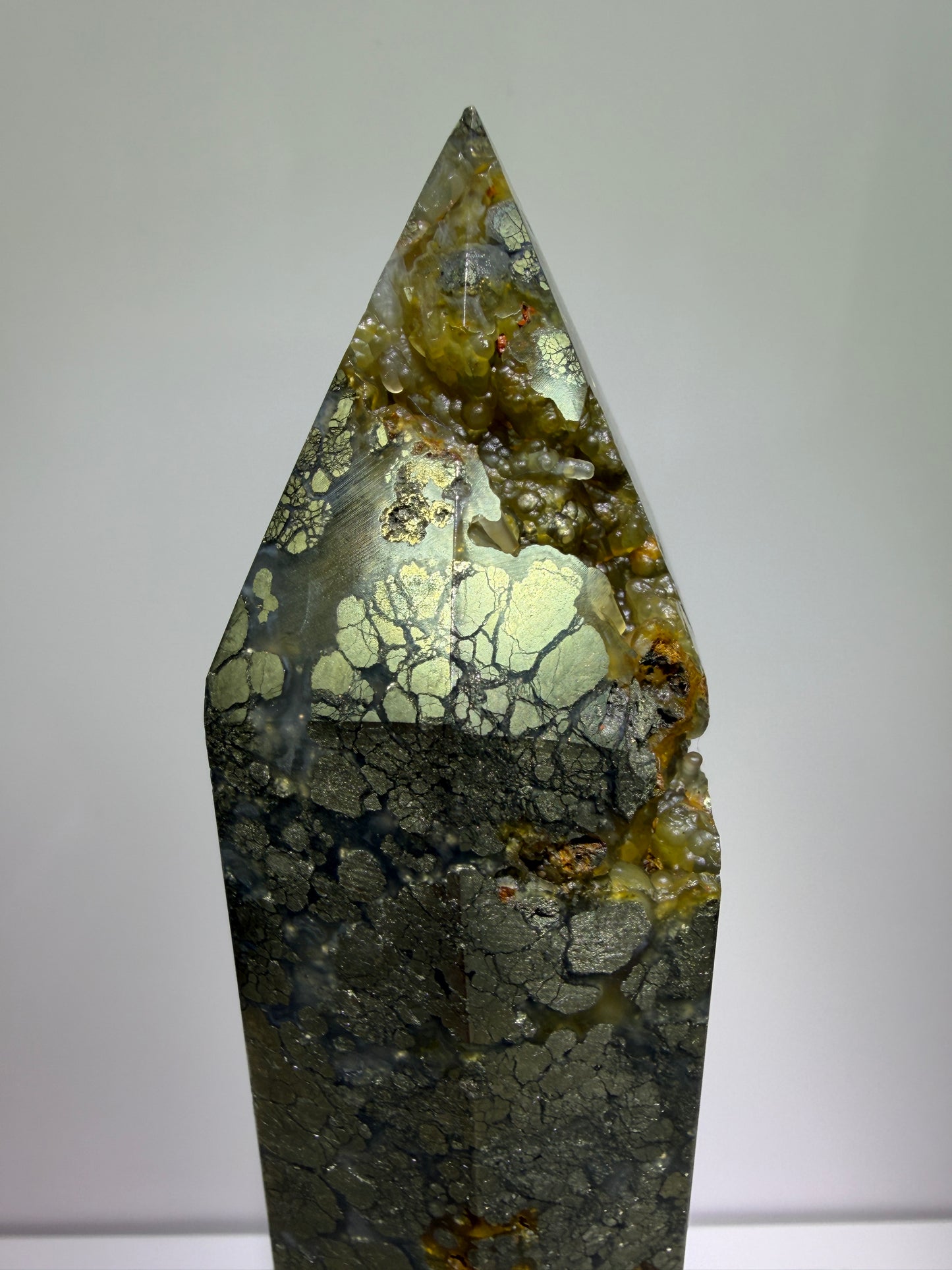 Pyrite And Chalcedony Druzy Tower. 6.75 Inches. Beautiful Display Tower With Stunning Druzy