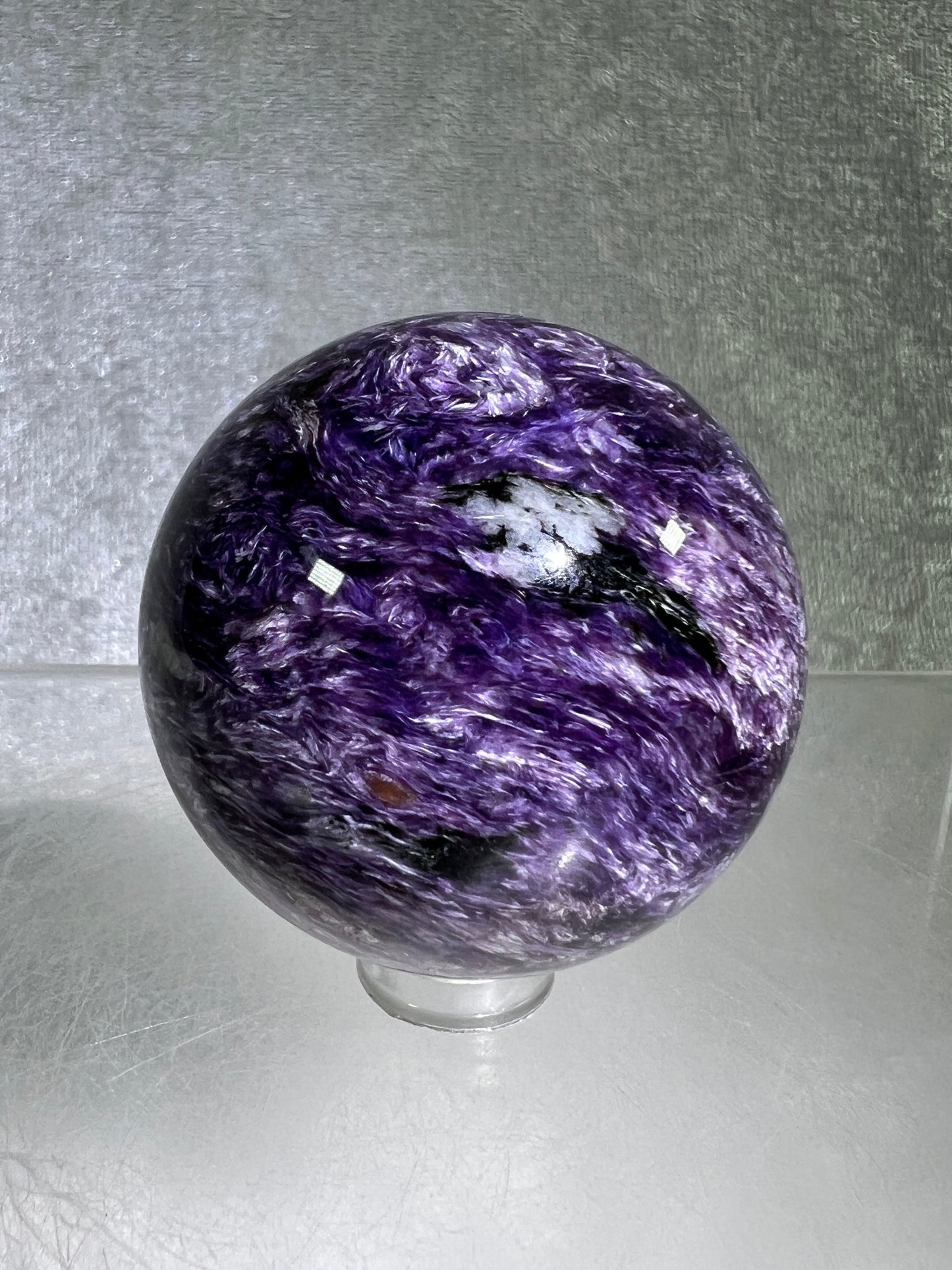 Charoite Crystal Sphere. 49mm. High Quality Beautiful Crystal. Amazing Patterns And Flash. Stunning UV Reaction.