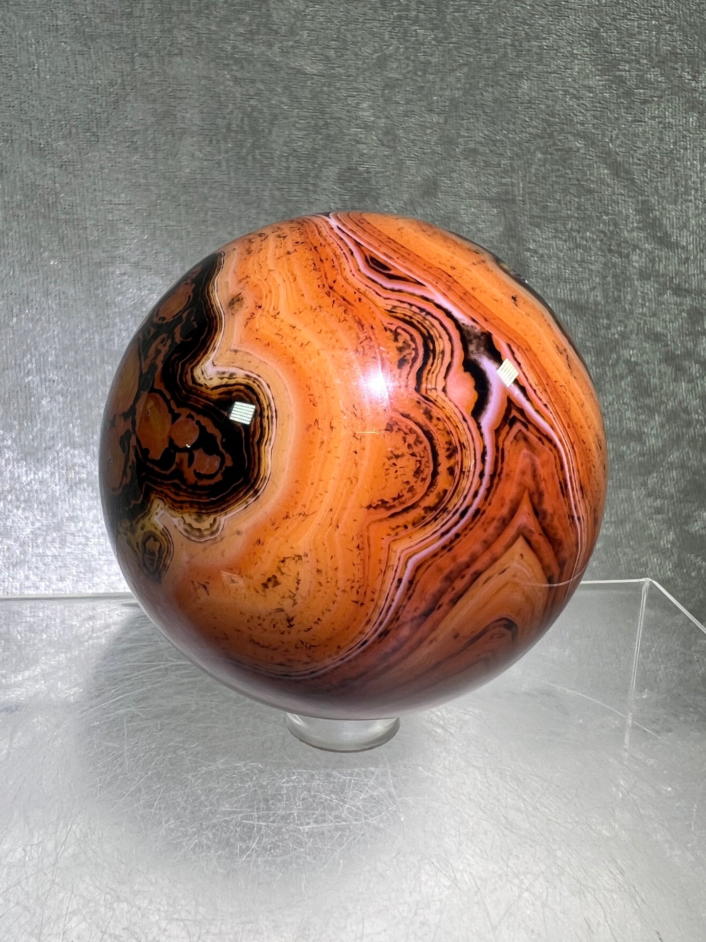 Silk Agate Sphere. 64mm. Amazing Banded Agate From Madagascar. Gorgeous Colors And Patterns On This Display Sphere.