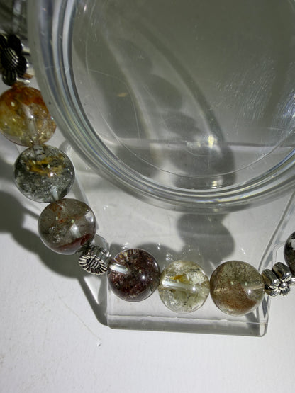 Garden Quartz Crystal Bead Bracelet. Incredible Lodolite Bracelet. 9.5mm. Amazing Flower Spacers.