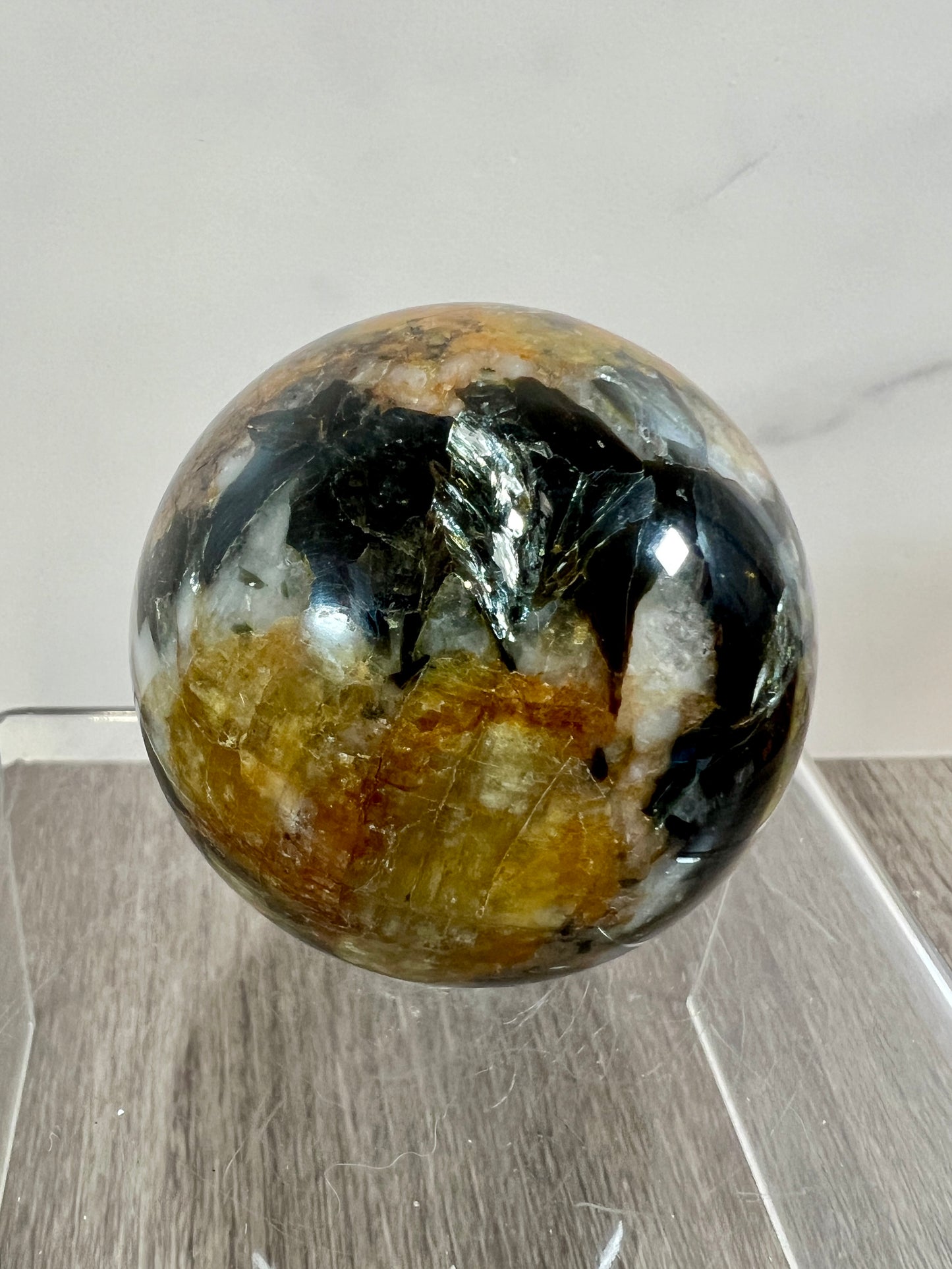 Yellow Tourmaline And Black Mica Sphere. 54mm. Rare New Discovery. Stunning And Flashy Display Sphere.