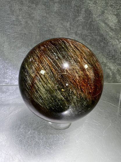 Tourmalinated Quartz Sphere. 52mm. Gorgeous Red And Green Tourmaline Inclusions. Rare And Unique Display Sphere.