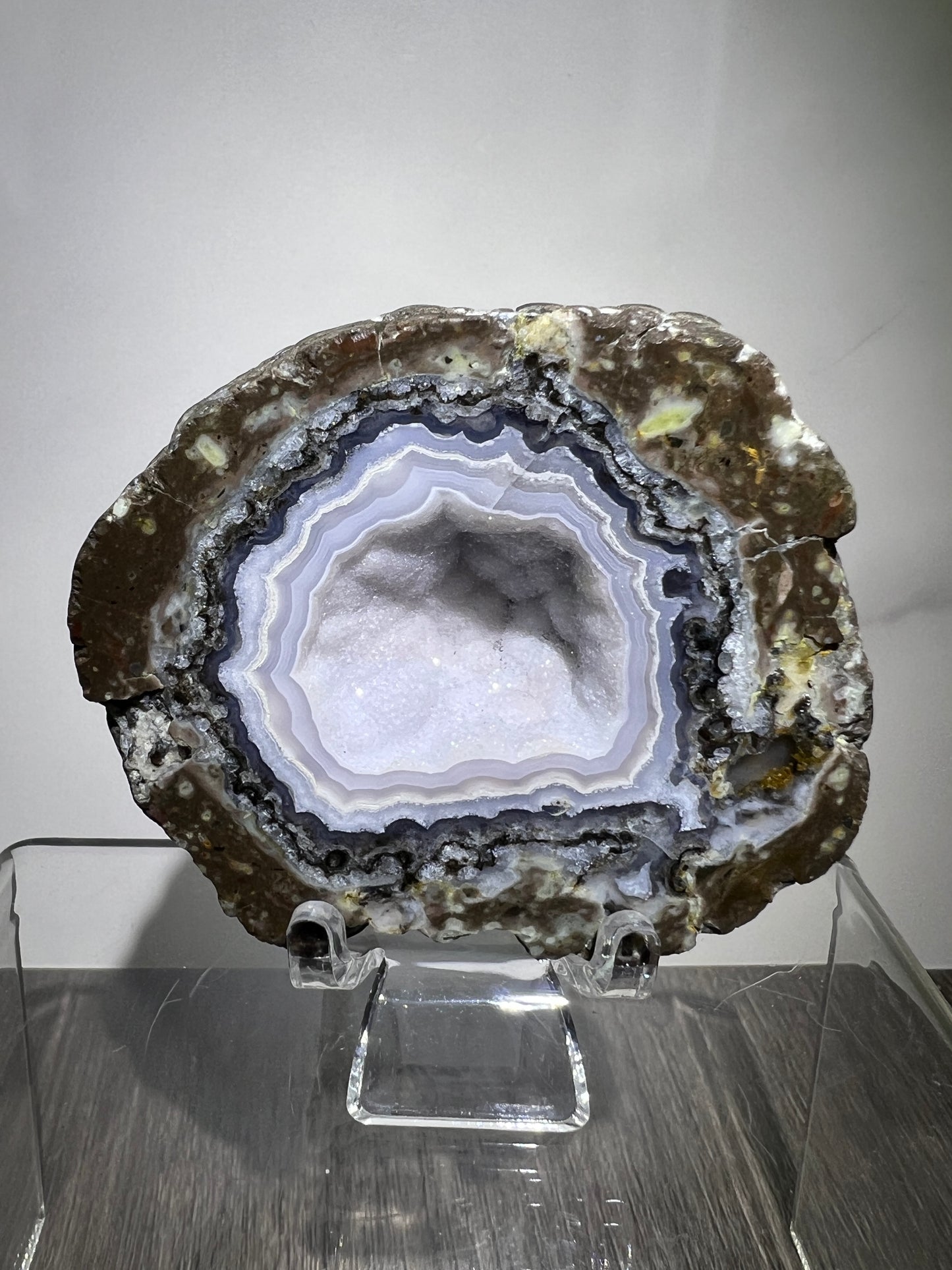 Trancas Geode Specimen From Mexico. A Beautiful Half Geode With Stunning Sugar Druzy. Gorgeous Shortwave UV Reaction!