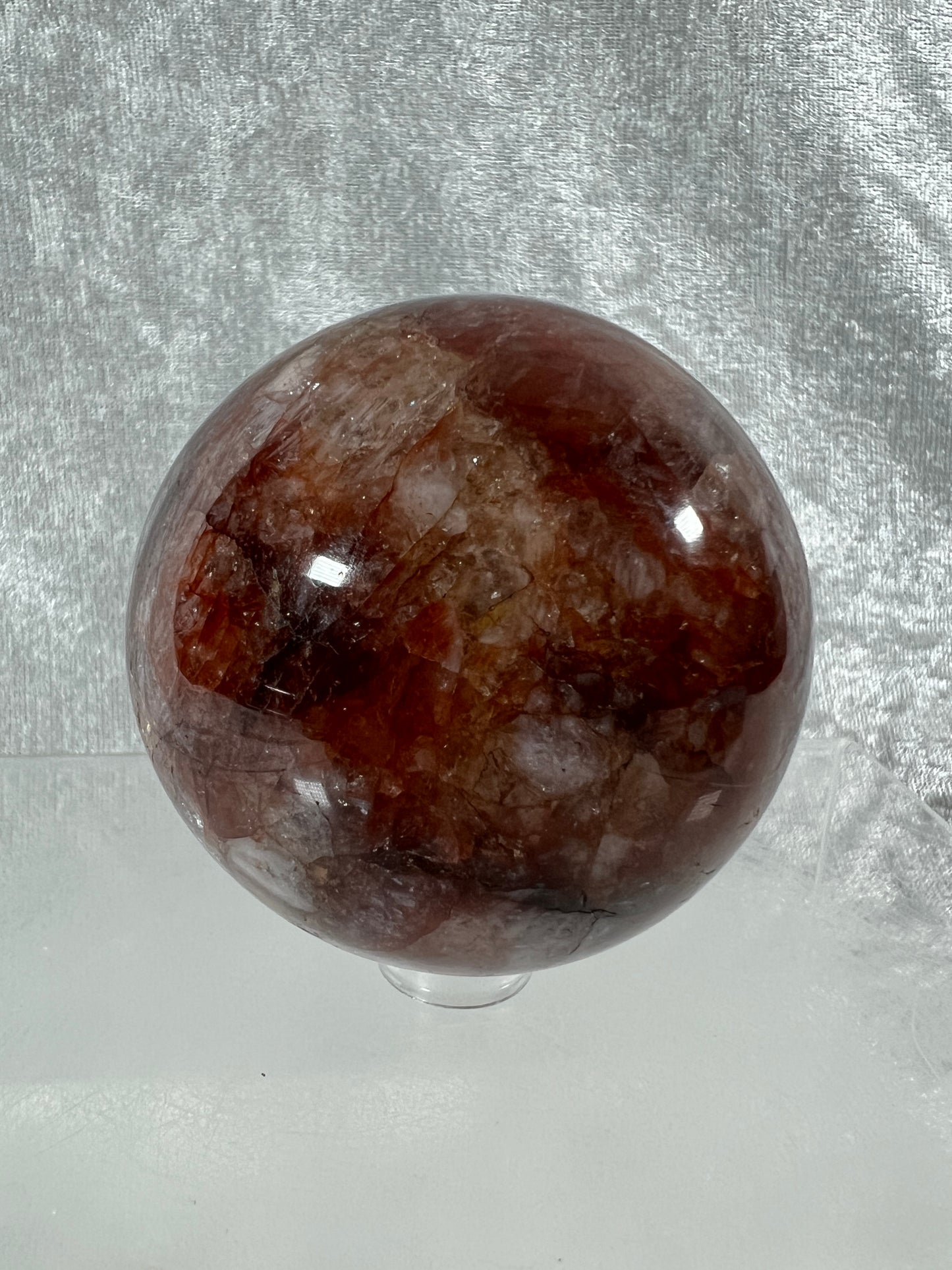 Fire Quartz Sphere. 63mm. Gorgeous Flash And Crystallization. High Quality Hematoid Crystal From Madagascar.