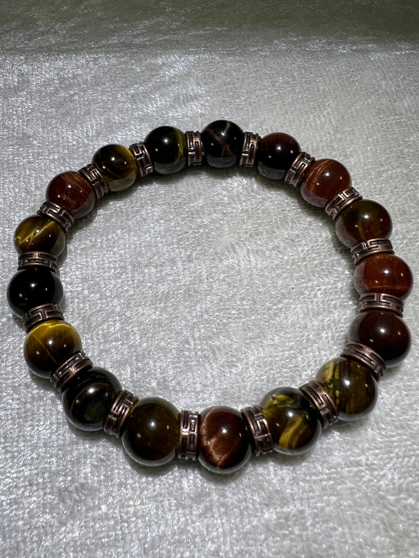 Tigers Eye Crystal Bead Bracelet. Beautiful Red, Blue, And Gold Tigers Eye Bracelet. 10mm. Amazing Bronze Color Spacers.