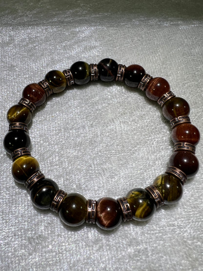 Tigers Eye Crystal Bead Bracelet. Beautiful Red, Blue, And Gold Tigers Eye Bracelet. 10mm. Amazing Bronze Color Spacers.