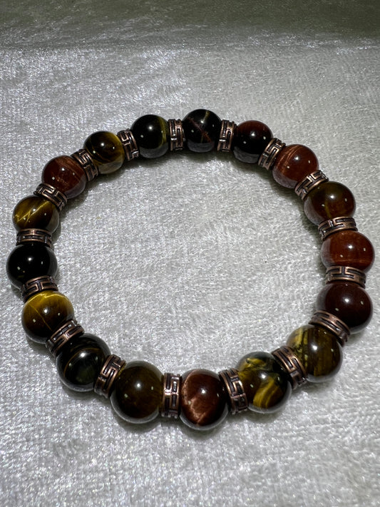 Tigers Eye Crystal Bead Bracelet. Beautiful Red, Blue, And Gold Tigers Eye Bracelet. 10mm. Amazing Bronze Color Spacers.