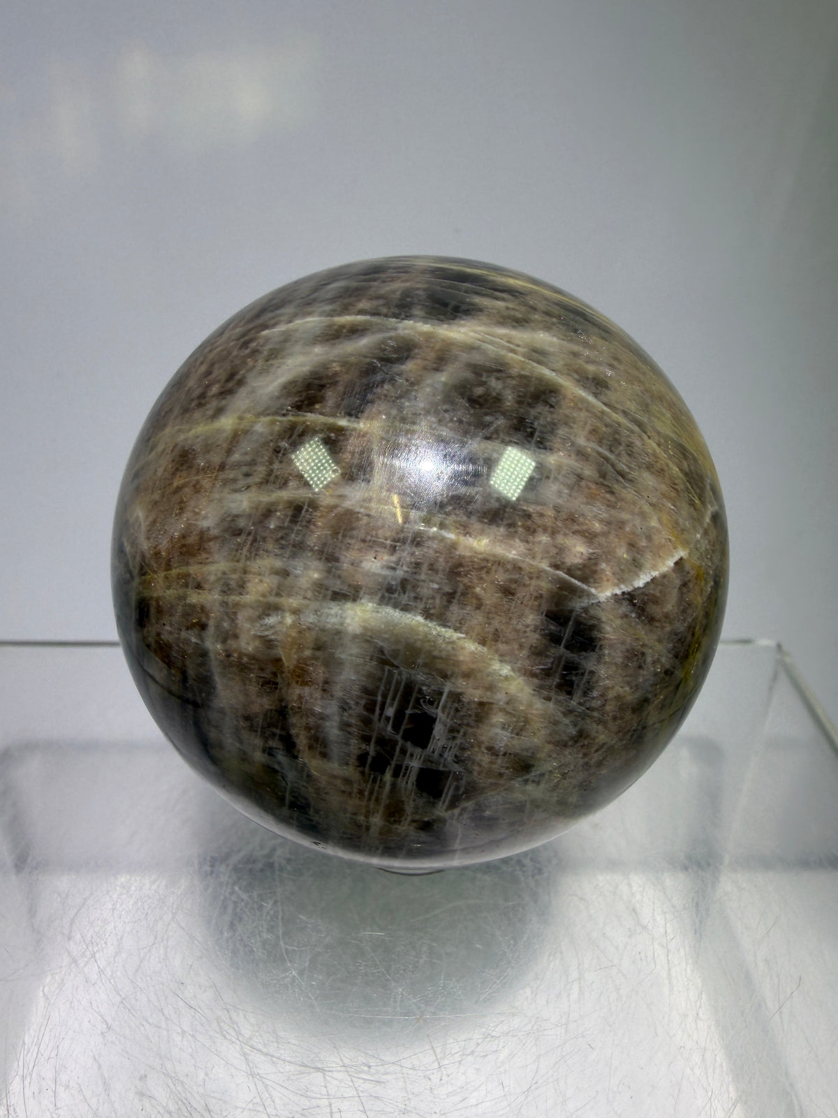 Black Moonstone Crystal Sphere. 55mm. Stunning Bright Silver Flash. High Quality Display Sphere