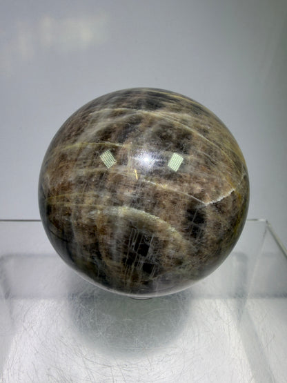 Black Moonstone Crystal Sphere. 55mm. Stunning Bright Silver Flash. High Quality Display Sphere