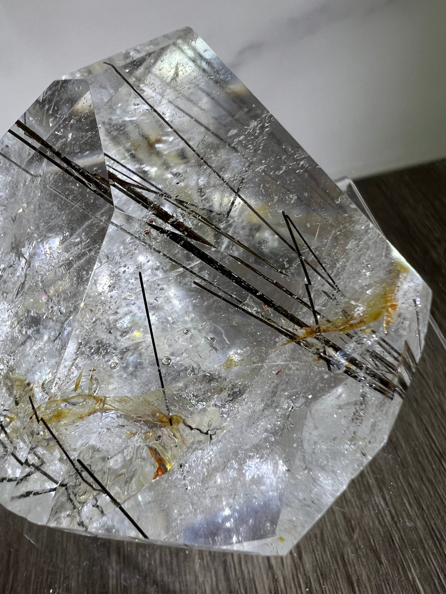 Tourmalinated Quartz Polished Freeform. Amazing Black Tourmaline, Golden Healer, And Large Rainbows.