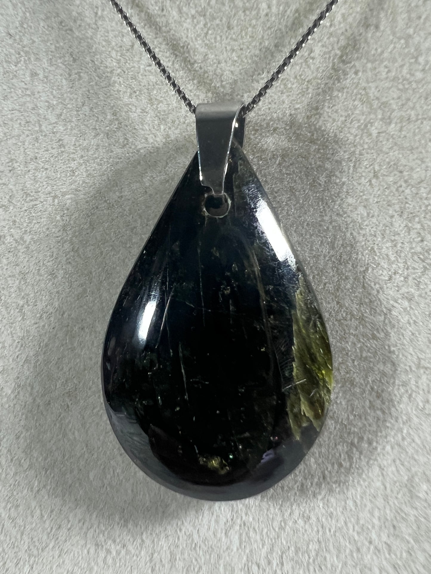 Epidote Teardrop Pendant. High Quality Gorgeous Epidote With Internal Fire From Peru. Amazing Yellow Flash. Includes S925 Silver Necklace.