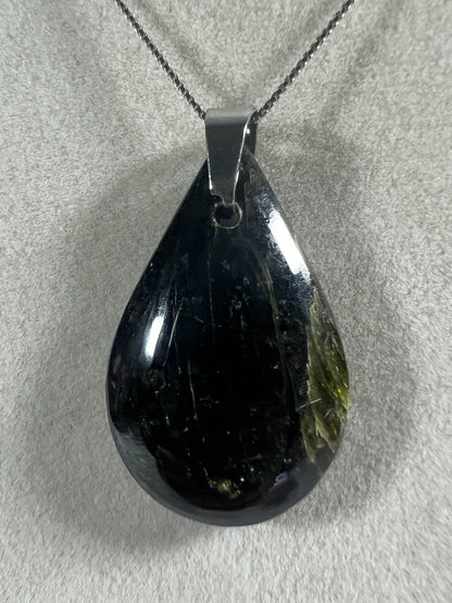 Epidote Teardrop Pendant. High Quality Gorgeous Epidote With Internal Fire From Peru. Amazing Yellow Flash. Includes S925 Silver Necklace.