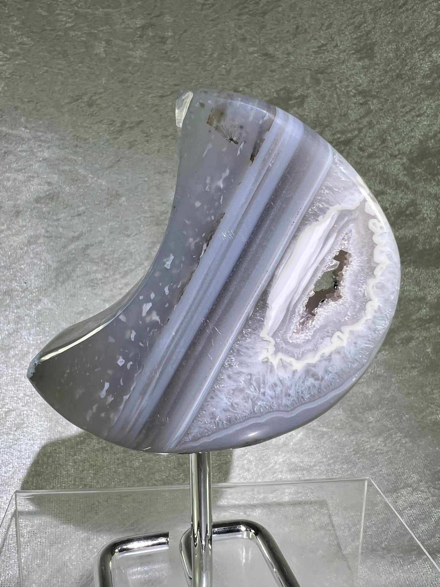 Druzy Agate Moon From Brazil. Gorgeous Sugar Druzy Moon With Custom Stand.
