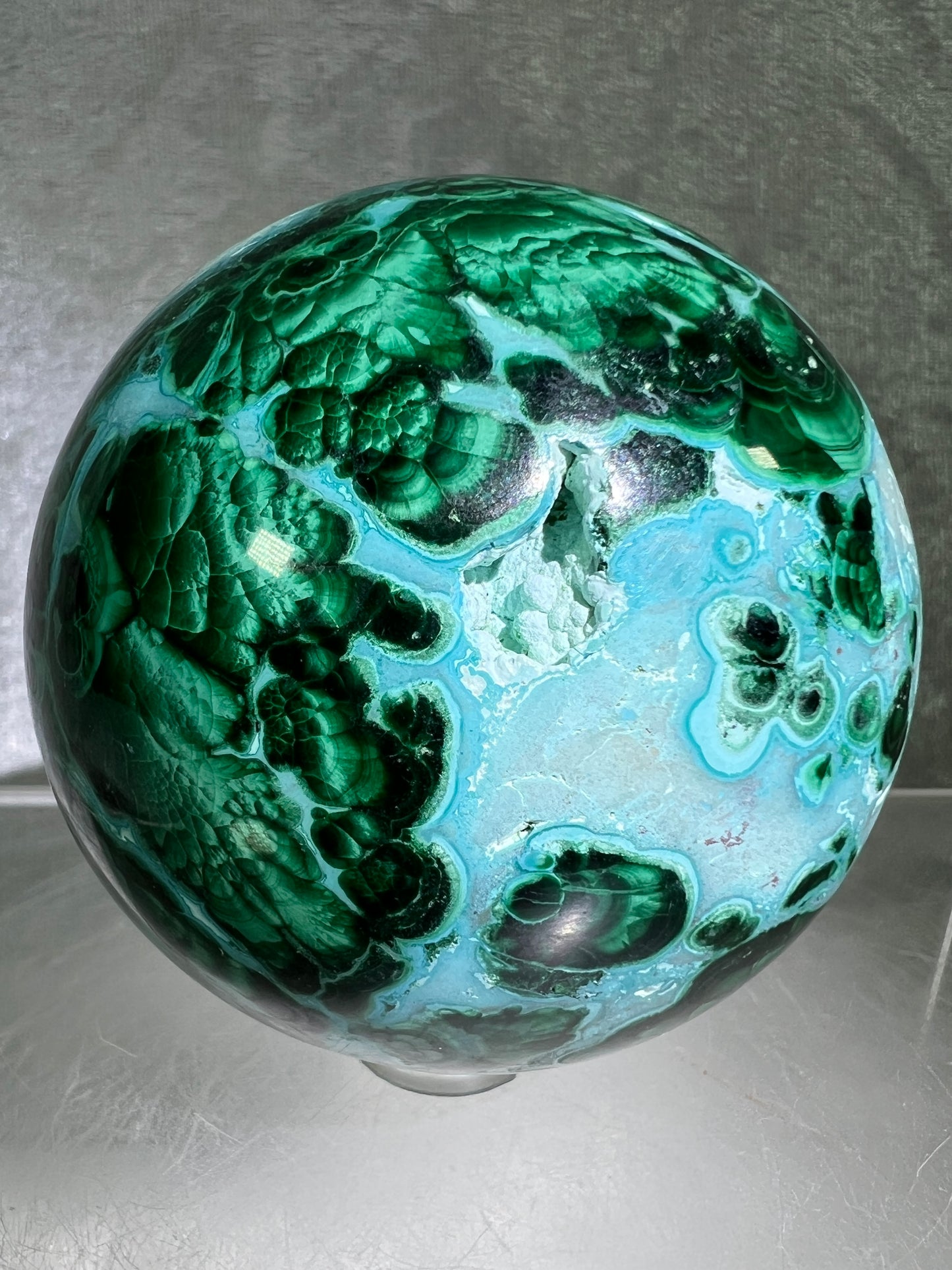 Malachite And Druzy Chrysocolla Sphere. 65mm. Gorgeous Rare Collectors Piece. Amazing Patterns With Vibrant Colors.