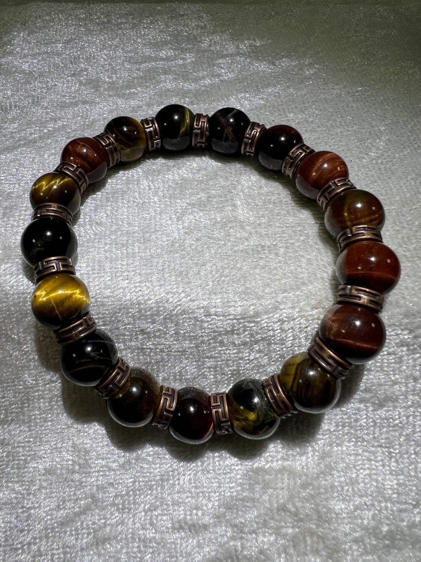 Tigers Eye Crystal Bead Bracelet. Beautiful Red, Blue, And Gold Tigers Eye Bracelet. 10mm. Amazing Bronze Color Spacers.