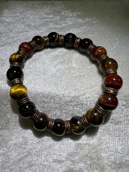 Tigers Eye Crystal Bead Bracelet. Beautiful Red, Blue, And Gold Tigers Eye Bracelet. 10mm. Amazing Bronze Color Spacers.