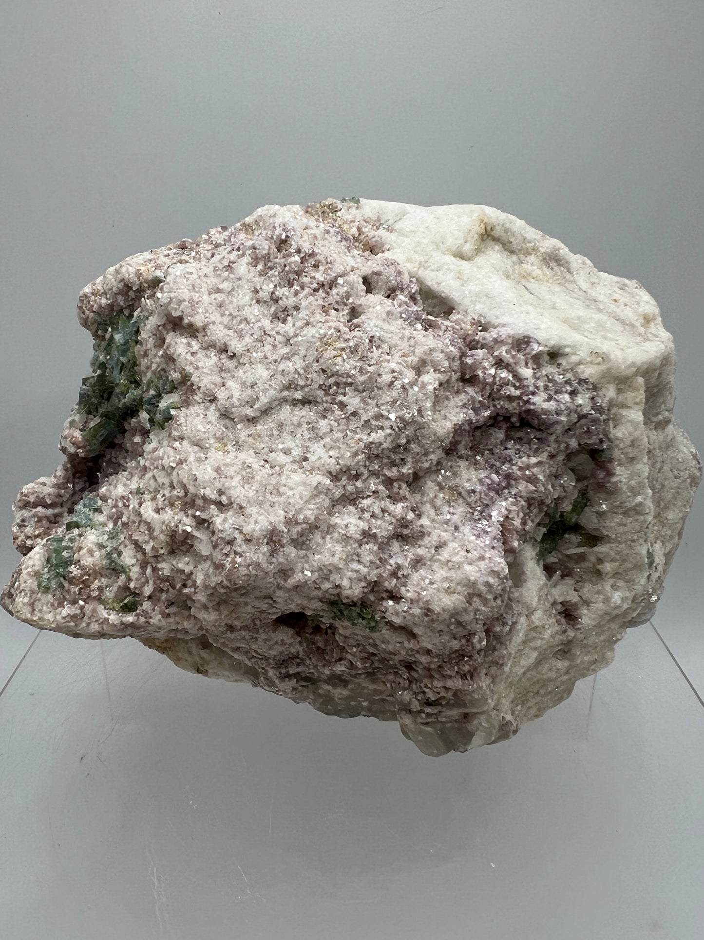 Lepidolite and Green Tourmaline Specimen. Gorgeous Mineral Cluster From Brazil. Lots Of Flash And Crystallization. Beautiful Color Contrasts.