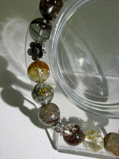 Garden Quartz Crystal Bead Bracelet. Incredible Lodolite Bracelet. 9.5mm. Amazing Flower Spacers.