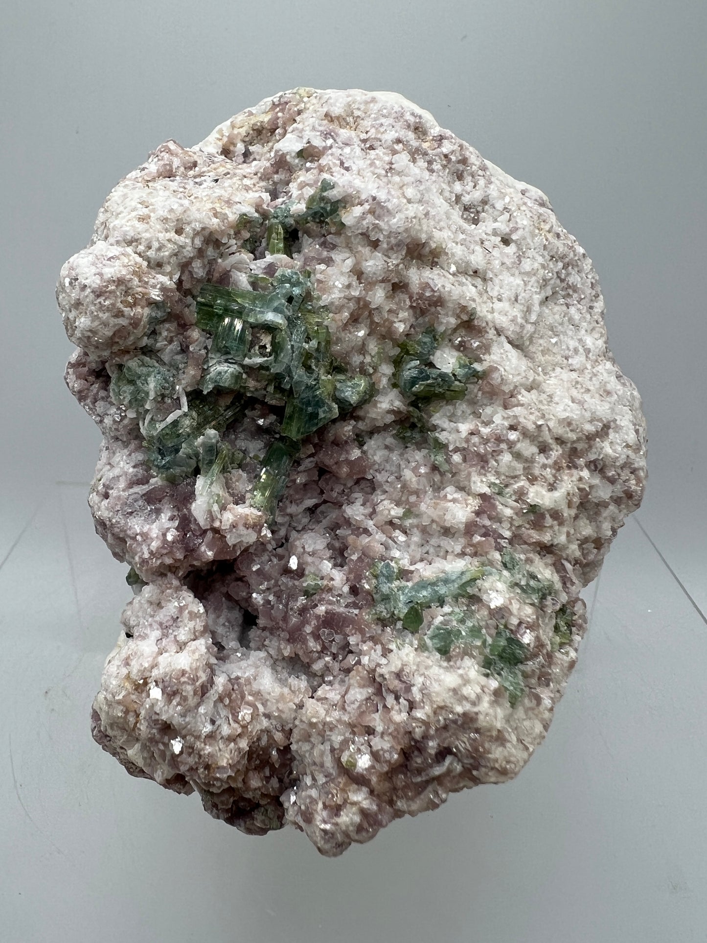 Lepidolite and Green Tourmaline Specimen. Gorgeous Mineral Cluster From Brazil. Lots Of Flash And Crystallization. Beautiful Color Contrasts.