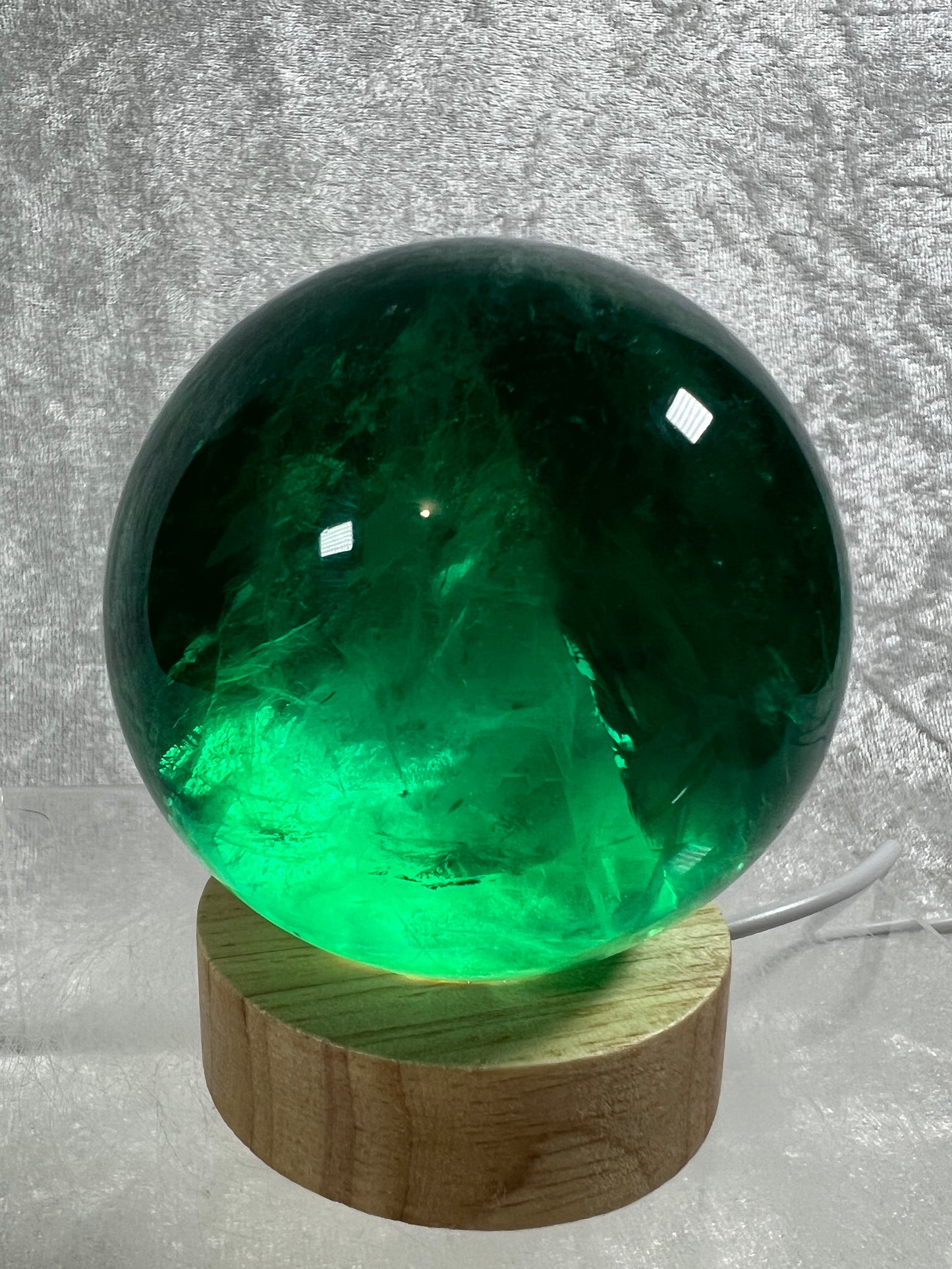 Green Fluorite Sphere. 76mm. Rare Emerald Green Fluorite. Comes With A White Light Stand. Gorgeous High Quality Crystal
