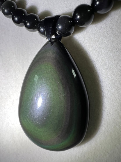 Rainbow Obsidian Pendant. Gorgeous Teardrop Cabochon. Custom Made Beaded Necklace. High Quality Jewelry