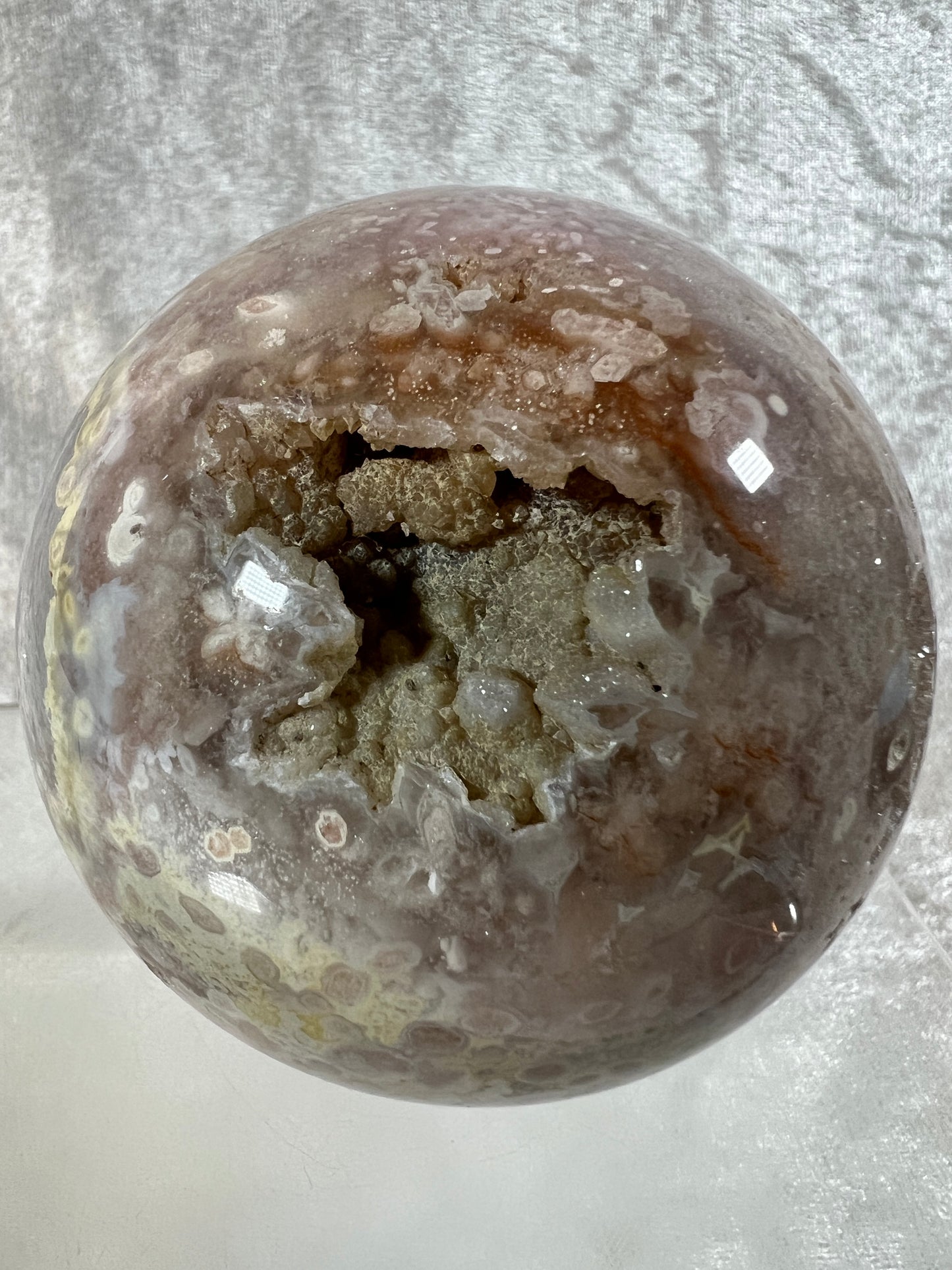 Flower Agate Sphere. 82mm. Stunning Druzy On This Large Centerpiece. Gorgeous One Of A Kind Display Sphere.