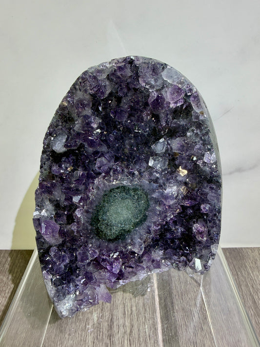 Amethyst Cut Base Geode. World Class Uruguayan Specimen With A Stalactite Eye. Stunning Top Quality Display Crystal.