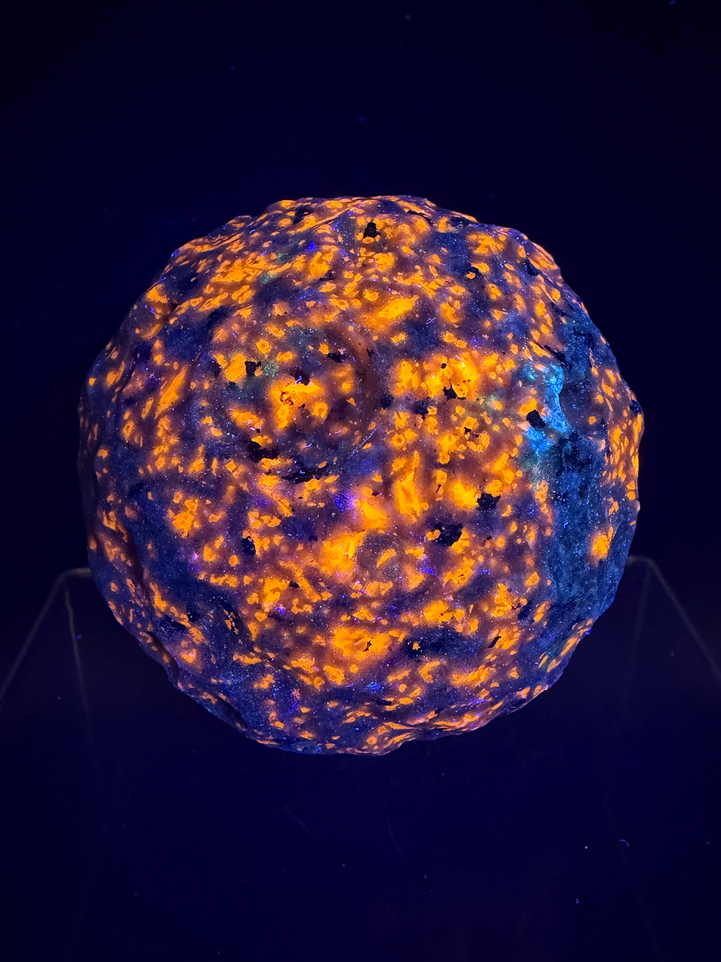 Yooperlite Moon Crystal Sphere. 72mm. Custom Carved Lunar Moonscape. Crazy Fireball Asteroid Display Sphere. Amazing UV Reactive Yooperlite