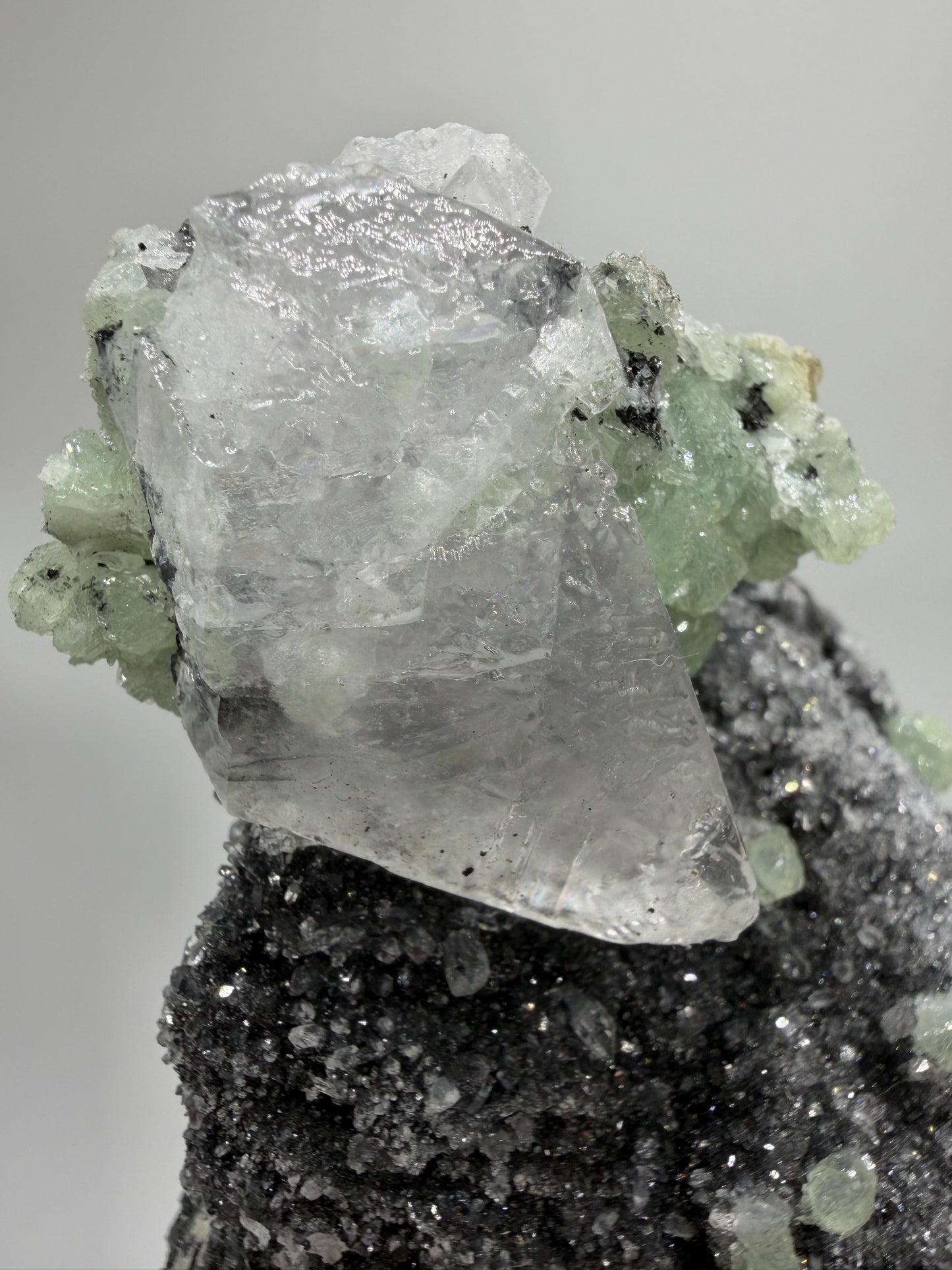 Rare Babingtonite, Prehnite, And Calcite Cluster. High Quality Mineral Specimen From Sichuan Province China. Amazing Rare Display Crystal.