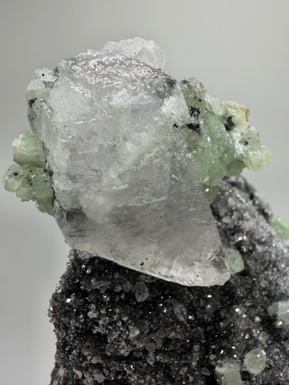Rare Babingtonite, Prehnite, And Calcite Cluster. High Quality Mineral Specimen From Sichuan Province China. Amazing Rare Display Crystal.