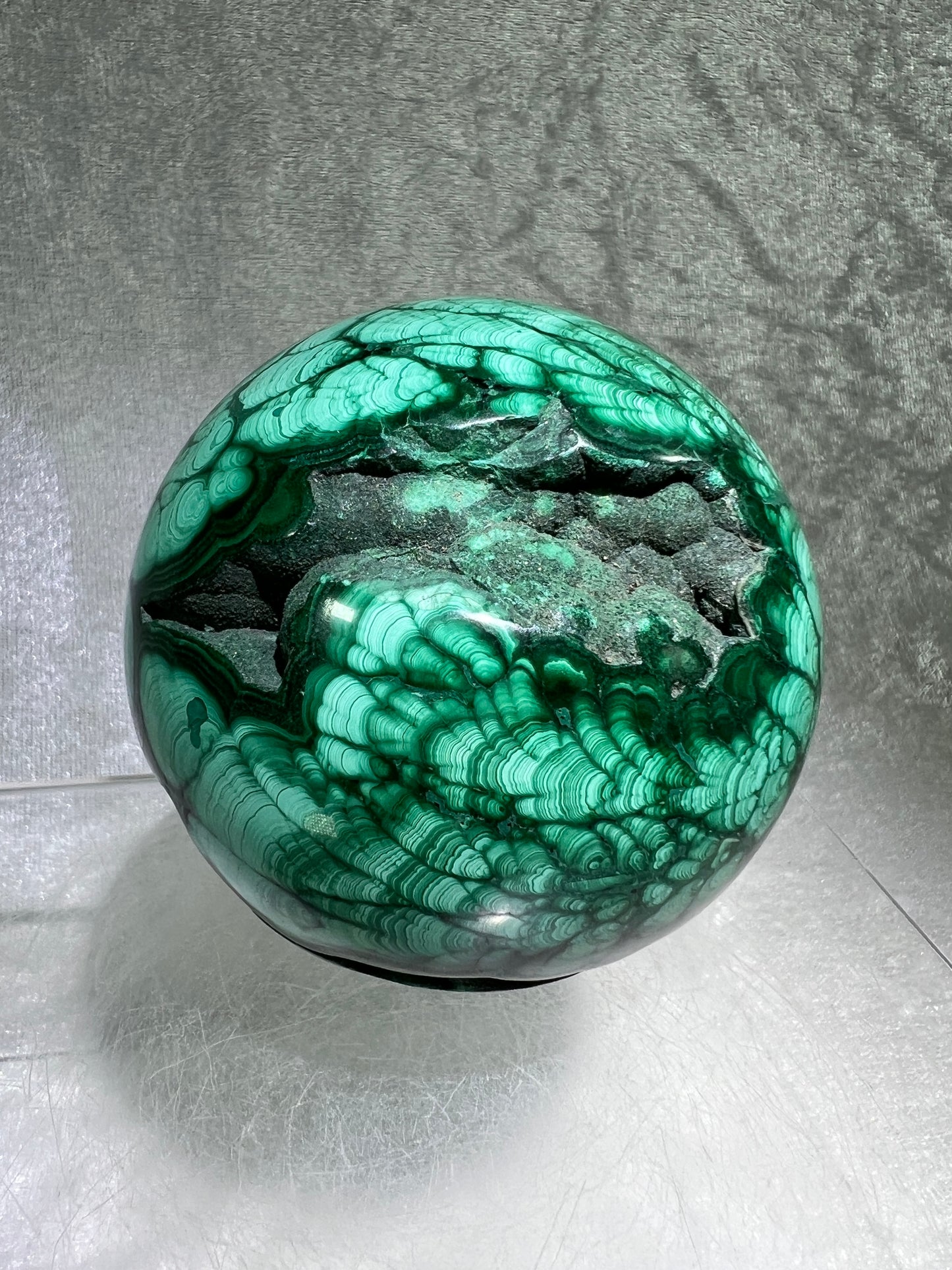 Malachite Crystal Sphere. 78mm. Incredible Large Druzy Malachite. Very High Quality Rare Display Sphere. Show Stopper!
