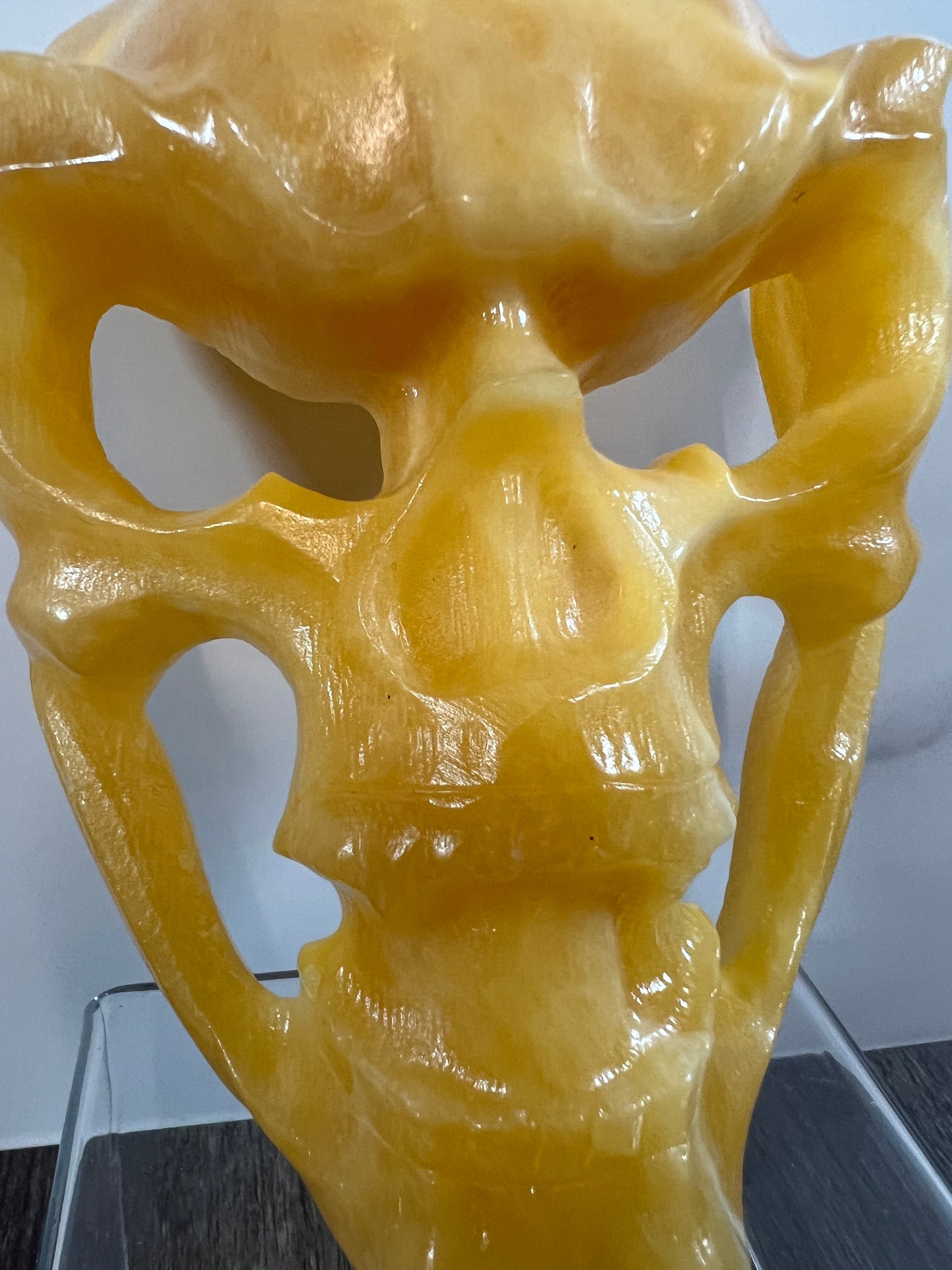 Carved Crystal Skull Mask. Amazing Orange Calcite Carving.