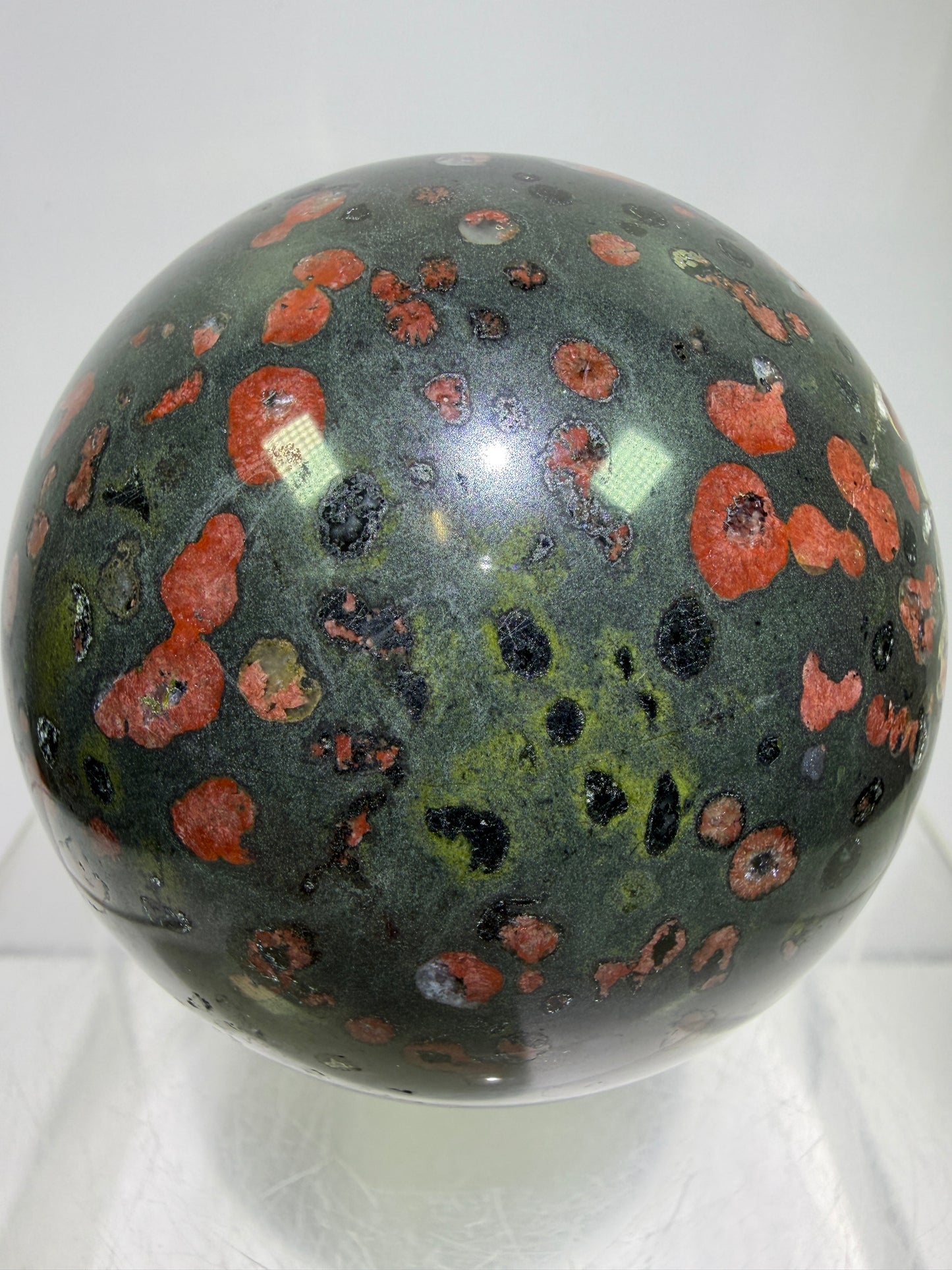 Plum Blossom Jade Sphere: 72mm. Gorgeous Large Display Sphere. Beautiful Color Contrast