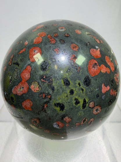 Plum Blossom Jade Sphere: 72mm. Gorgeous Large Display Sphere. Beautiful Color Contrast