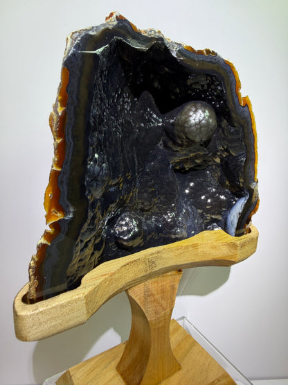 Botryoidal Black Jasper Specimen. Very Rare Geode From Brazil. High Quality Crystal With Custom Stand