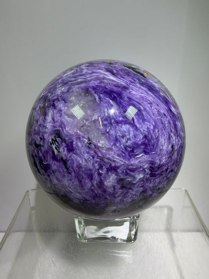 Charoite Crystal Sphere. 79mm. XL High Quality Stunning Crystal. Amazing Patterns And Flash. Gorgeous UV Reaction.