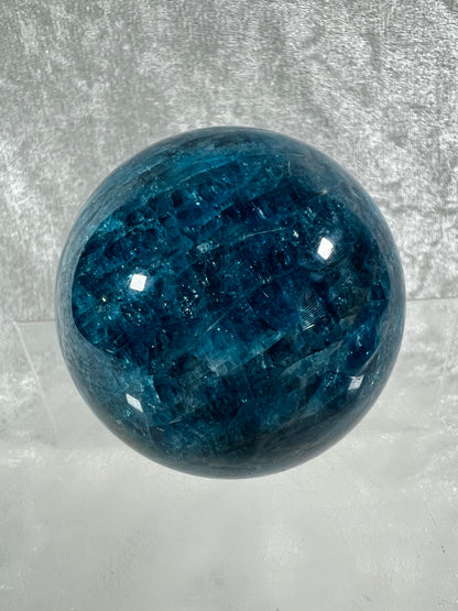 Blue Apatite Crystal Sphere. 60mm. Gorgeous Deep Blue With Lots Of Iridescent Flash. High Quality Display Sphere