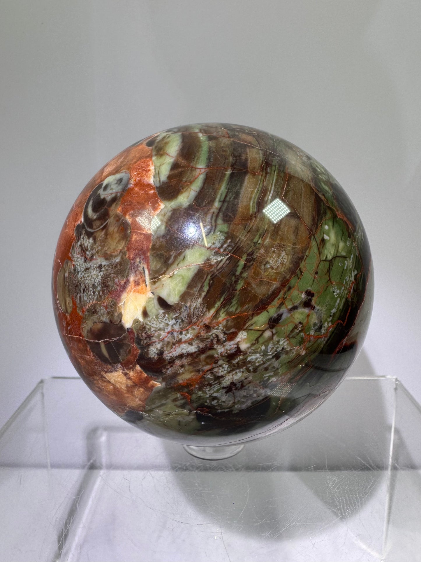 Money Agate Crystal Sphere. 72mm. Very Rare Shades Of Green. Stunning Indonesian Bloodstone. Amazing Colors And Patterns