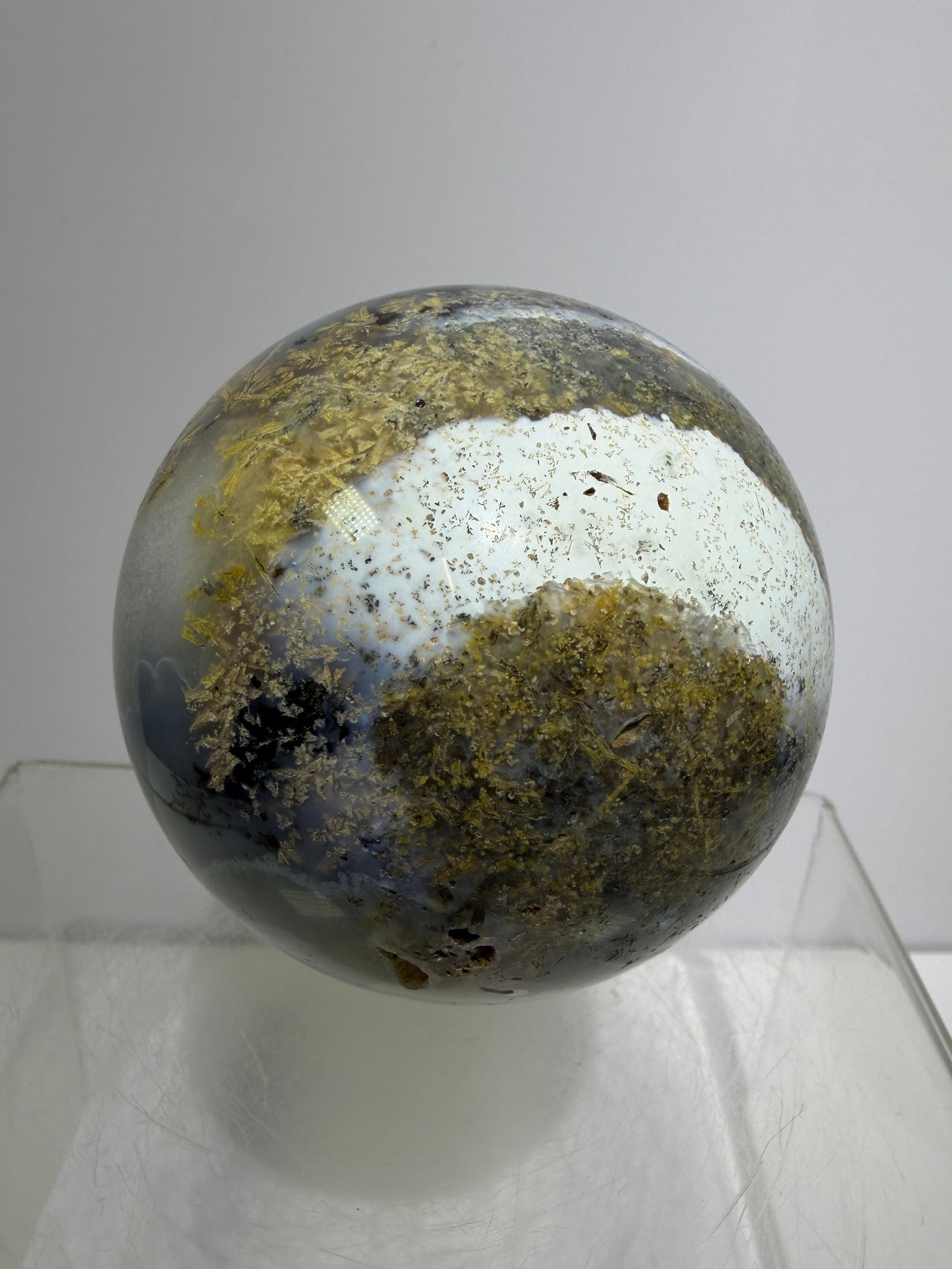 Sagenite Crystal Sphere. 66mm. Incredible Sagenite Plumes With Dendritic Agate. Rare And Unique Crystal Display Sphere